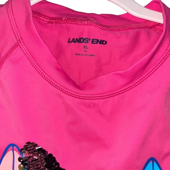 Girls Lands’end pink sequin surf board swim set rash guard shorts sz 16+ XL kid - Picture 4 of 4